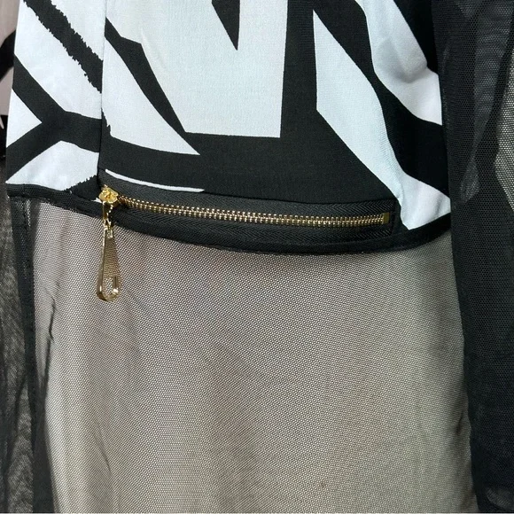 Frank Lyman Sheer Mesh Duster Cardigan Black White Geometric Open Front Size 10 - Picture 4 of 10